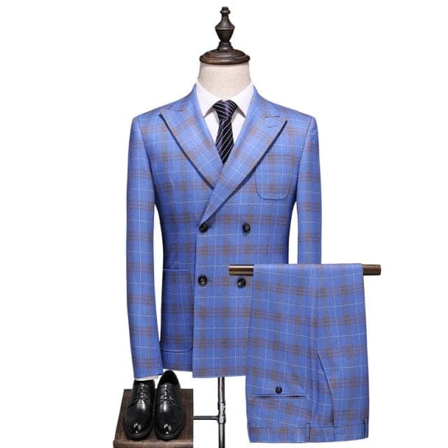 Men's Slim-Fit Plaid Double-Breasted Six-Button Business Suit