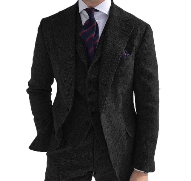 Men's 3-Piece Herringbone Wool Tweed Wedding Suit (Blazer Pants Vest)