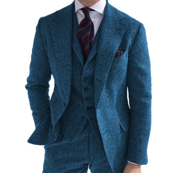 Men's 3-Piece Herringbone Wool Tweed Wedding Suit (Blazer Pants Vest)