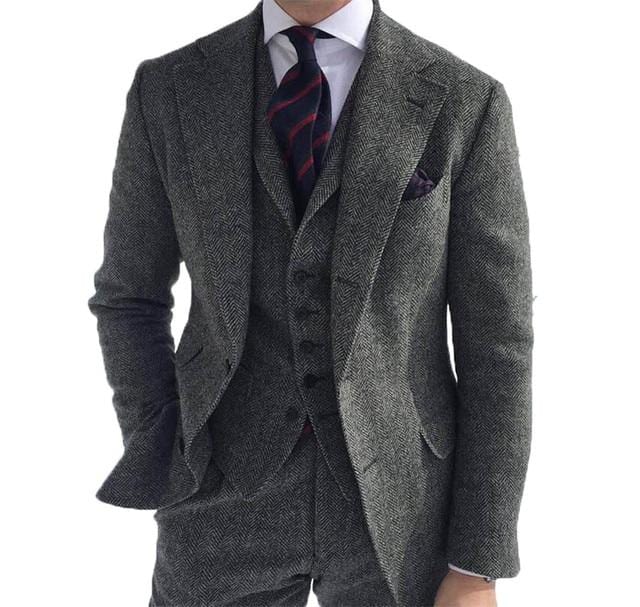 Men's 3-Piece Herringbone Wool Tweed Wedding Suit (Blazer Pants Vest)