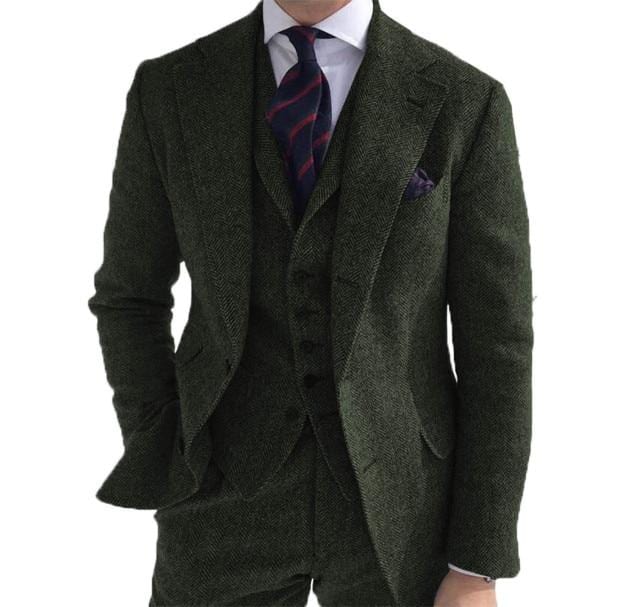 Men's 3-Piece Herringbone Wool Tweed Wedding Suit (Blazer Pants Vest)