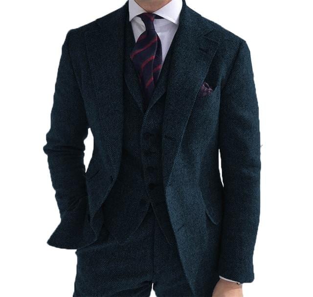 Men's 3-Piece Herringbone Wool Tweed Wedding Suit (Blazer Pants Vest)