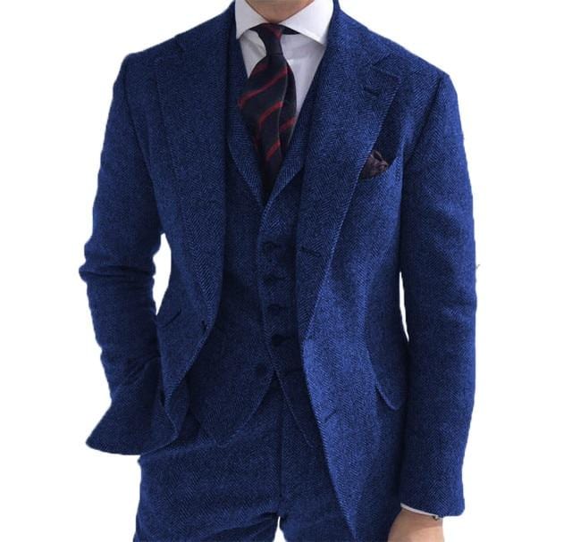 Men's 3-Piece Herringbone Wool Tweed Wedding Suit (Blazer Pants Vest)