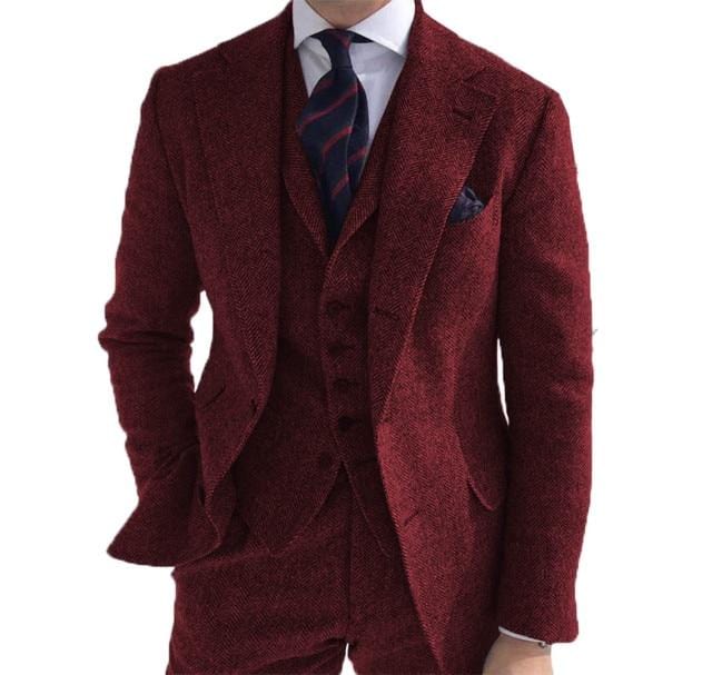 Men's 3-Piece Herringbone Wool Tweed Wedding Suit (Blazer Pants Vest)