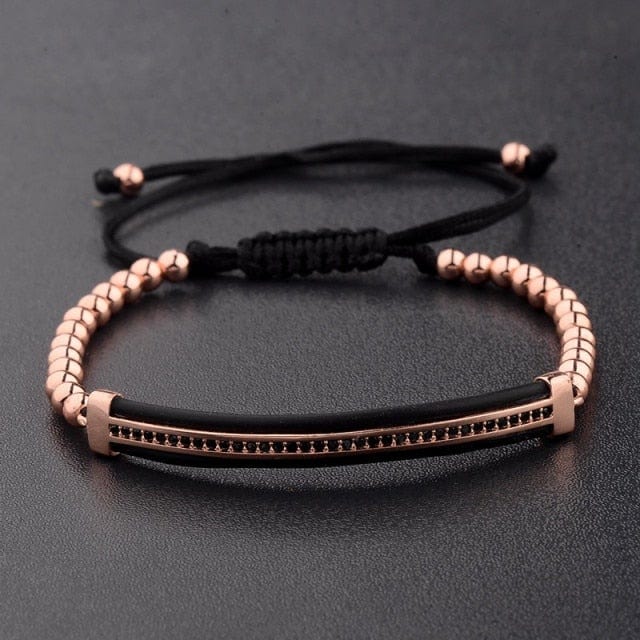 Men's Black CZ Bead Macrame Bracelet, Copper Accent Beads