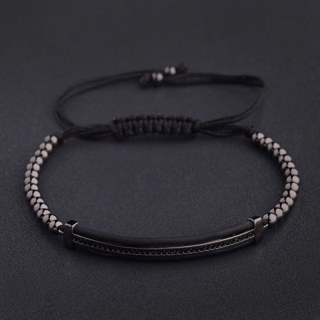 Men's Black CZ Bead Macrame Bracelet, Copper Accent Beads
