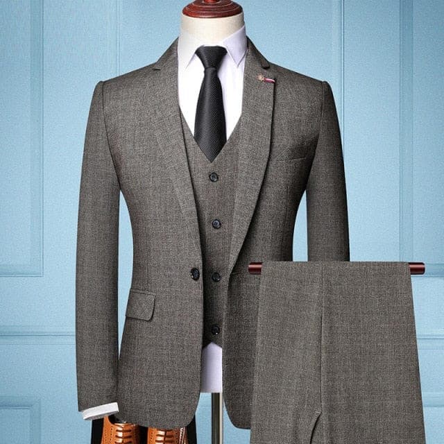 Men's Slim 3-Piece Business Suit, Gray or Brown