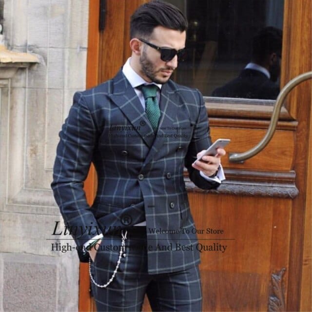 Men's Dark Plaid Double Breasted Slim Fit Tuxedo Blazer Pants Set