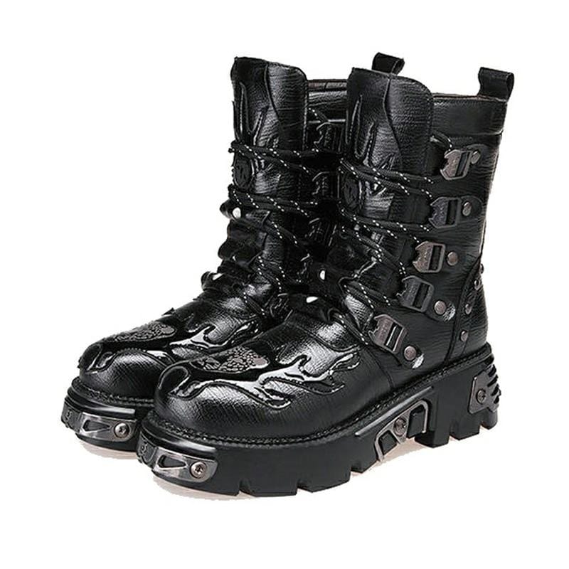 Men's Black Leather Platform Mid-Calf Combat Boots