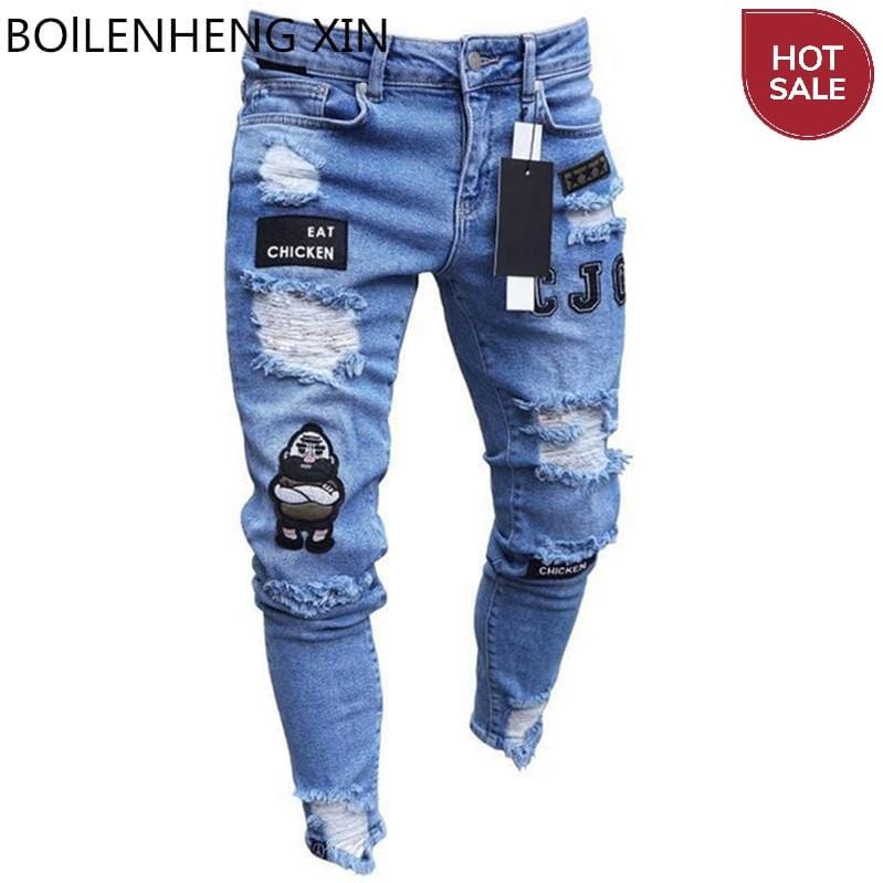 Men's Slim Distressed Jeans — Embroidered Denim