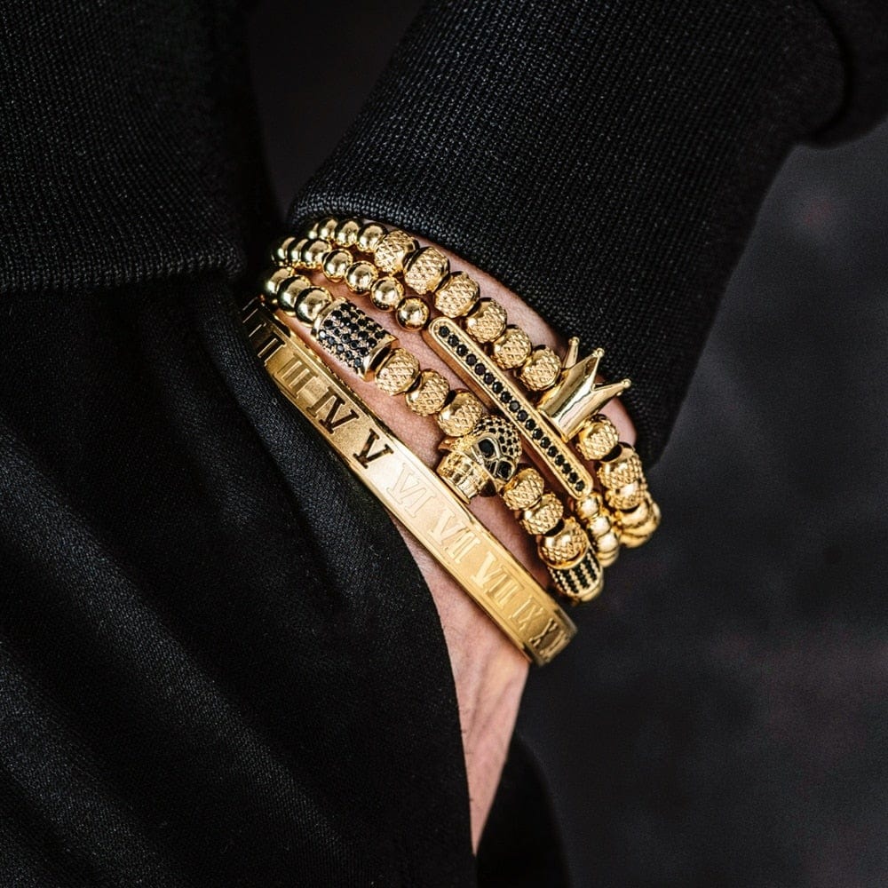 Men's Gold CZ Skull Roman Numeral Bracelet 4-Piece Set