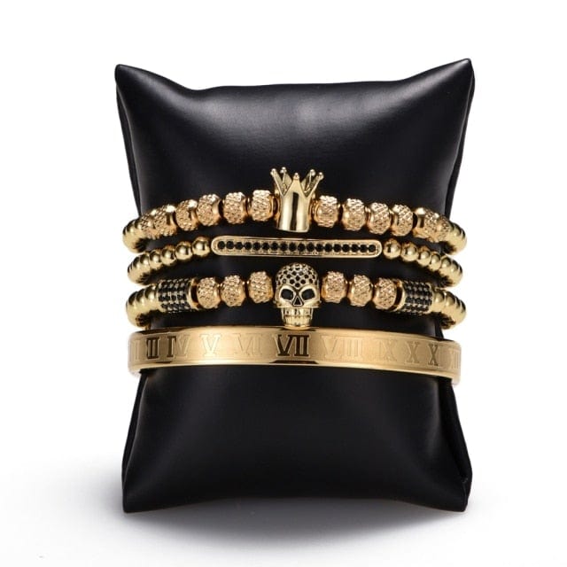 Men's Gold CZ Skull Roman Numeral Bracelet 4-Piece Set