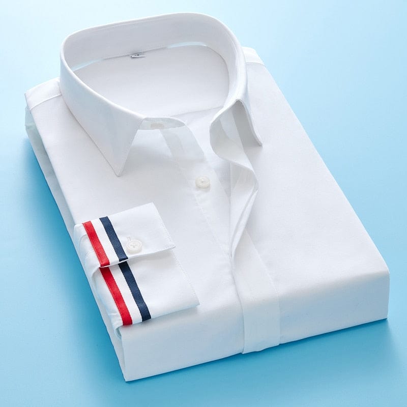 Men's Classic White Black Korean Covered Placket Long Sleeve Shirt