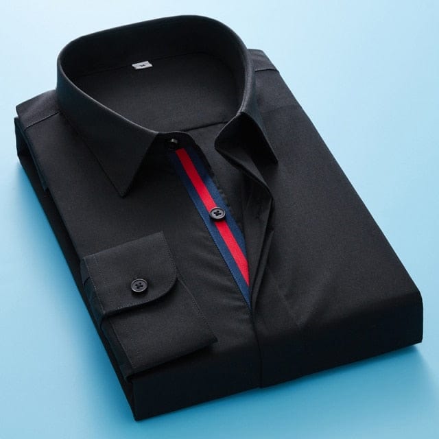 Men's Classic White Black Korean Covered Placket Long Sleeve Shirt