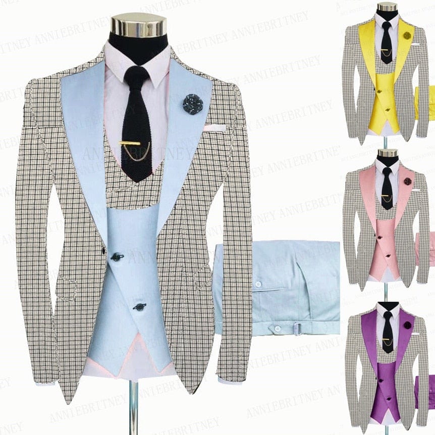 Men's White Grey Plaid 3-Piece Slim Wedding Tuxedo, Blazer Vest Pants