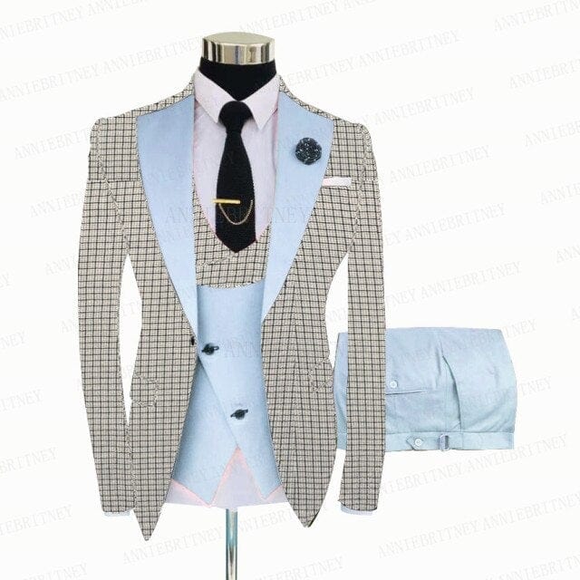 Men's White Grey Plaid 3-Piece Slim Wedding Tuxedo, Blazer Vest Pants