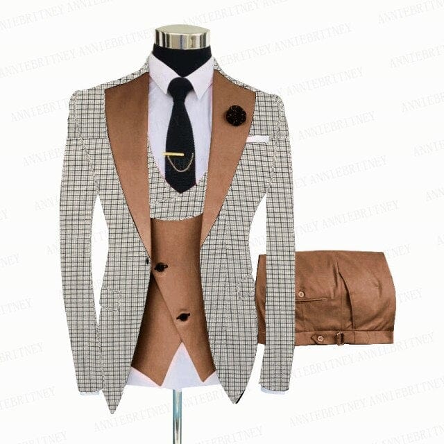 Men's White Grey Plaid 3-Piece Slim Wedding Tuxedo, Blazer Vest Pants