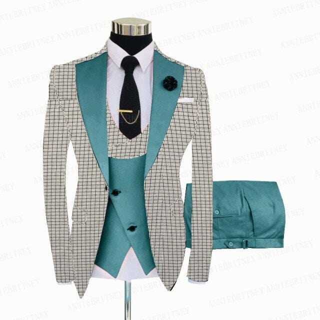 Men's White Grey Plaid 3-Piece Slim Wedding Tuxedo, Blazer Vest Pants