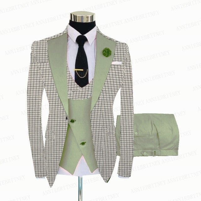 Men's White Grey Plaid 3-Piece Slim Wedding Tuxedo, Blazer Vest Pants