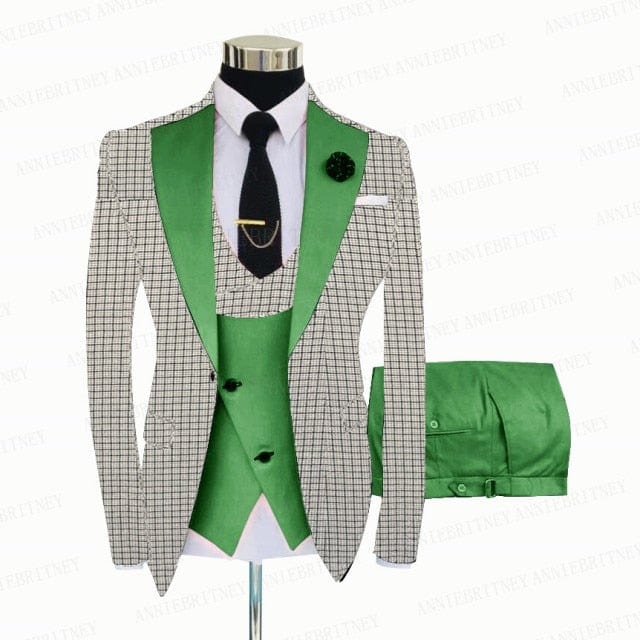 Men's White Grey Plaid 3-Piece Slim Wedding Tuxedo, Blazer Vest Pants