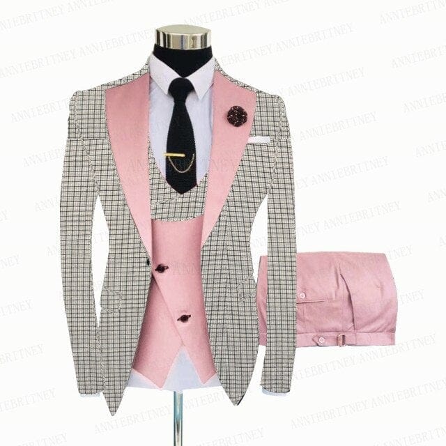 Men's White Grey Plaid 3-Piece Slim Wedding Tuxedo, Blazer Vest Pants