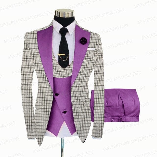 Men's White Grey Plaid 3-Piece Slim Wedding Tuxedo, Blazer Vest Pants