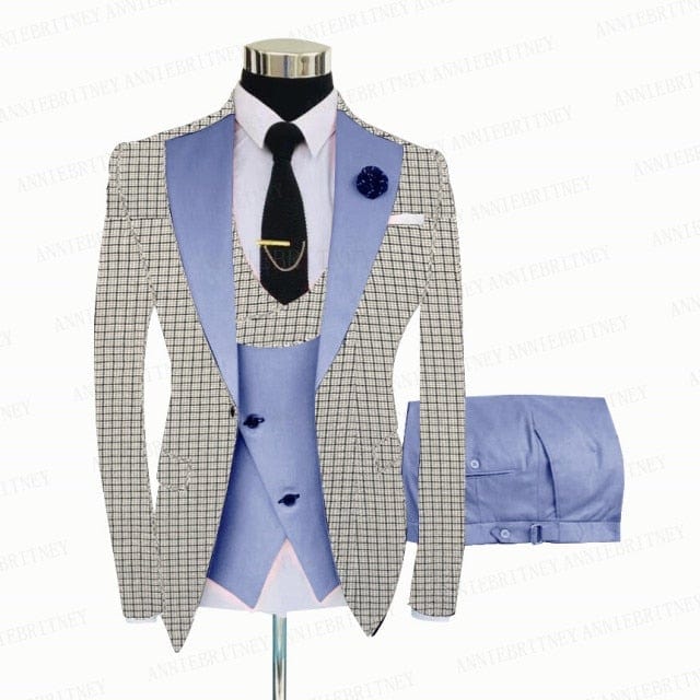 Men's White Grey Plaid 3-Piece Slim Wedding Tuxedo, Blazer Vest Pants