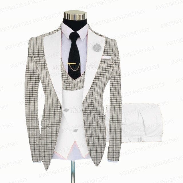 Men's White Grey Plaid 3-Piece Slim Wedding Tuxedo, Blazer Vest Pants
