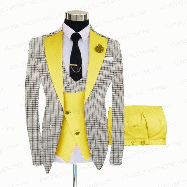 Men's White Grey Plaid 3-Piece Slim Wedding Tuxedo, Blazer Vest Pants
