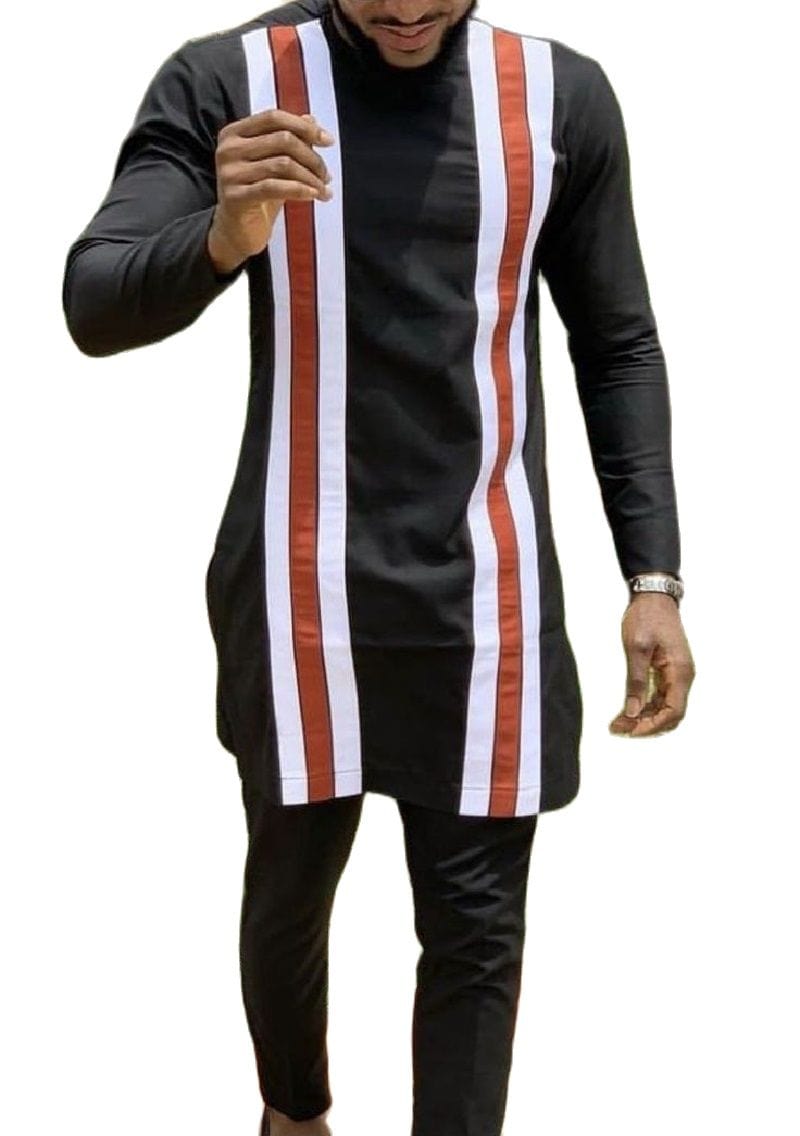 Men's Orange White Patchwork Shirt and Black Pants Set