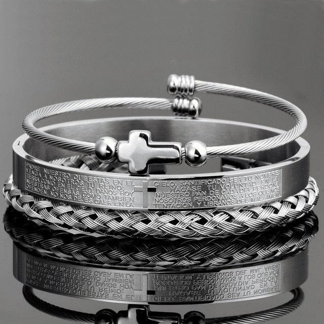 Men's Stainless Steel Cross Bracelet 3-Piece Spanish Scripture Set