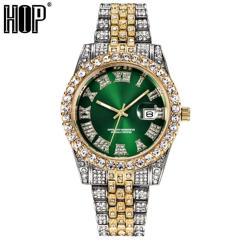 Unisex Hip Hop Iced Out Date Quartz CZ Wrist Watch