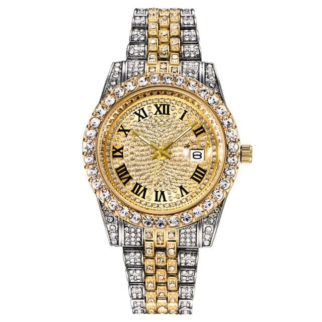 Unisex Hip Hop Iced Out Date Quartz CZ Wrist Watch