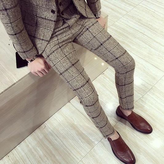 Men's Autumn Winter Plaid Slim Fit Dress Pants