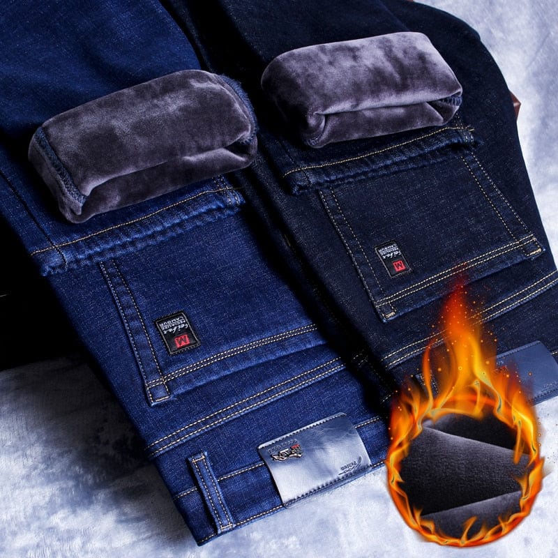 Men's Winter Black/Blue Warm Thick Slim-Fit Fleece Stretch Jeans