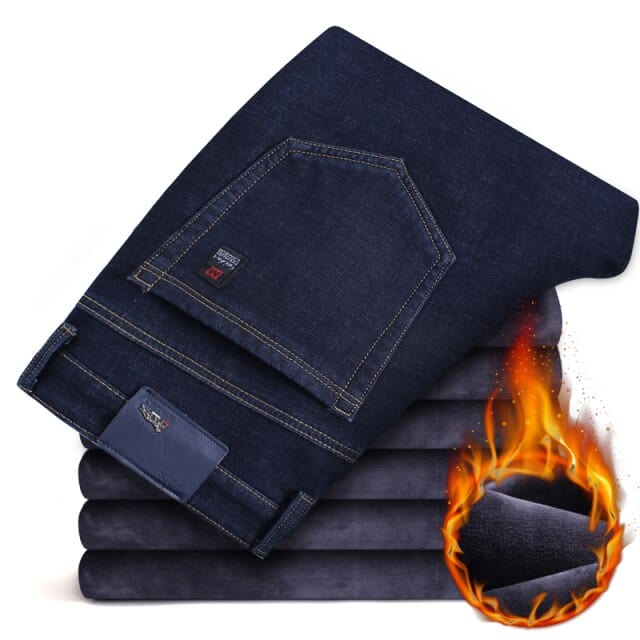 Men's Winter Black/Blue Warm Thick Slim-Fit Fleece Stretch Jeans