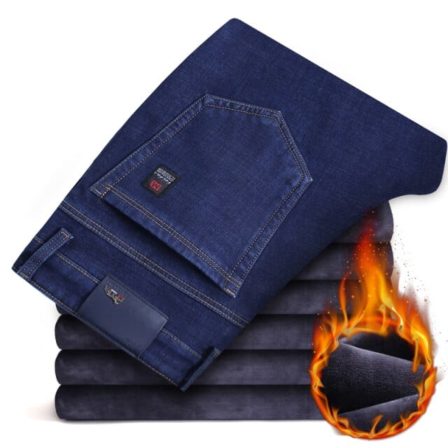 Men's Winter Black/Blue Warm Thick Slim-Fit Fleece Stretch Jeans