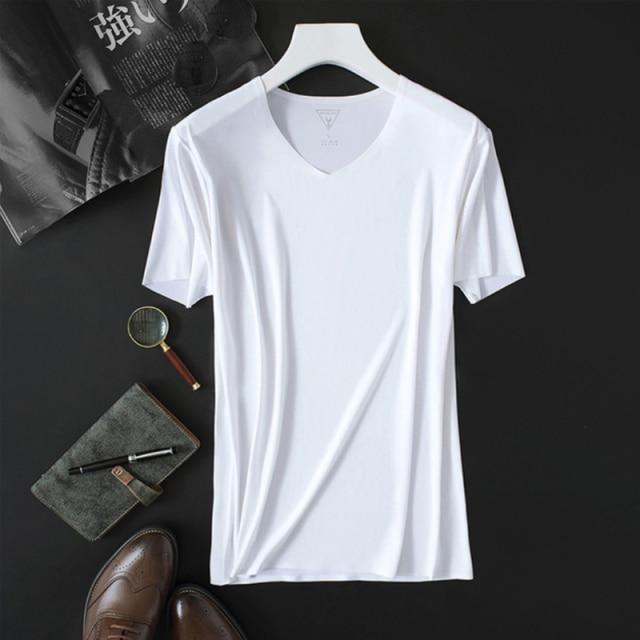 2020 Men's Thin Non-Marking Slim V-Neck Bottoming Fashion Men's Short-Sleeved Ice Silk Summer Solid Color T-Shirt