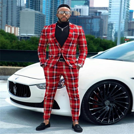 Men's British Checkered 2-Piece Red Suit
