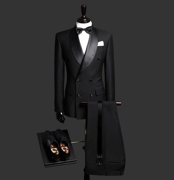 Men Black Double Breasted Wedding Groom Suit With Pants Tuxedo