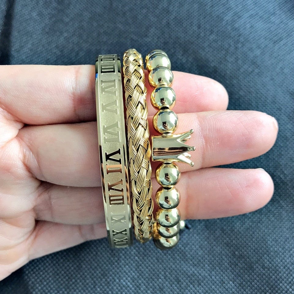 Men's Gold Stainless Steel Roman Crown 3-Piece Hip Hop Bracelet Set