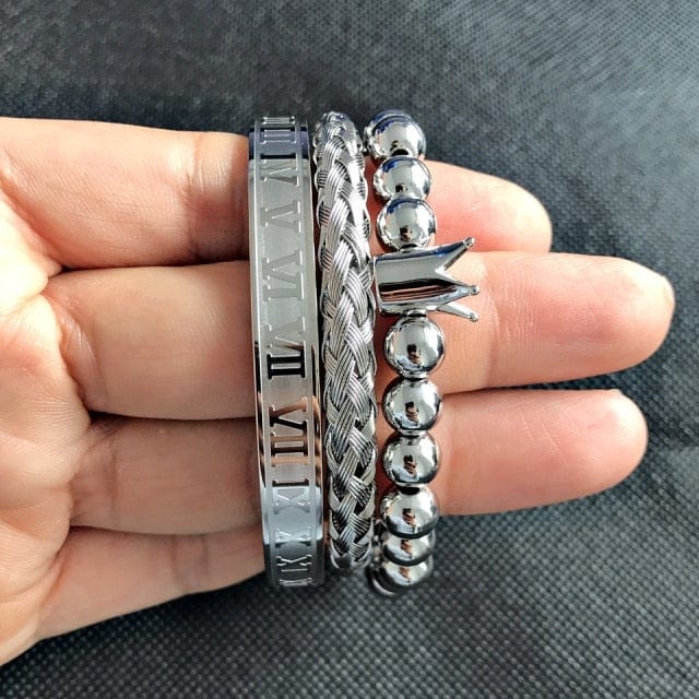 Men's Gold Stainless Steel Roman Crown 3-Piece Hip Hop Bracelet Set