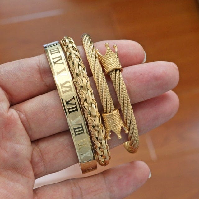 Men's Gold Stainless Steel Roman Crown 3-Piece Hip Hop Bracelet Set