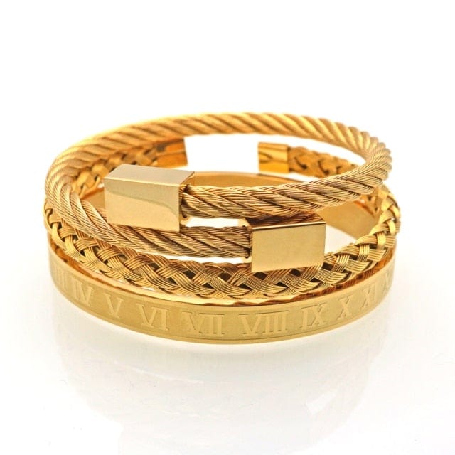Men's Gold Stainless Steel Roman Crown 3-Piece Hip Hop Bracelet Set
