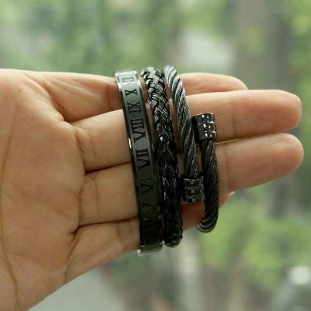 Men's Gold Stainless Steel Roman Crown 3-Piece Hip Hop Bracelet Set