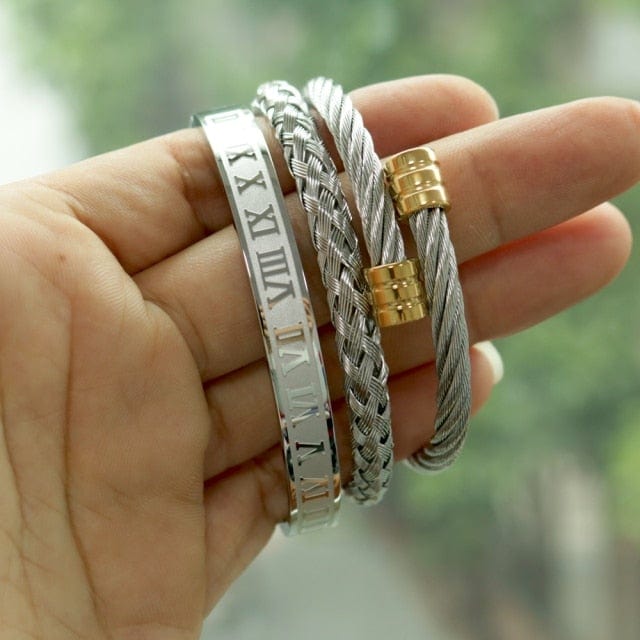 Men's Gold Stainless Steel Roman Crown 3-Piece Hip Hop Bracelet Set