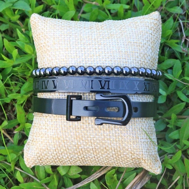 Men's Gold Stainless Steel Roman Crown 3-Piece Hip Hop Bracelet Set