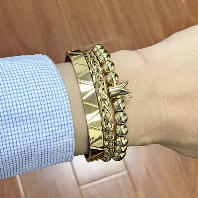 Men's Gold Stainless Steel Roman Crown 3-Piece Hip Hop Bracelet Set
