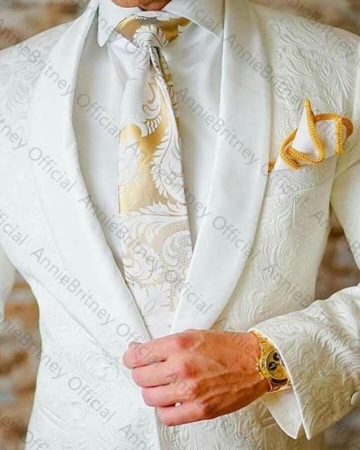 Men's White Shawl Lapel Jacquard Wedding Tuxedo