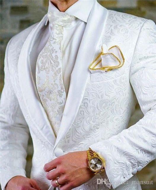 Men's White Shawl Lapel Jacquard Wedding Tuxedo